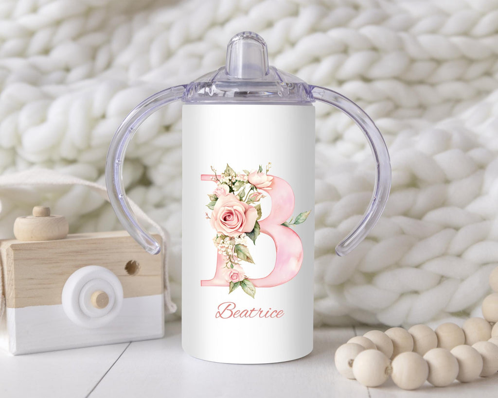 Personalized Pink Floral Alphabet Sippy Cup: 12oz Toddler Training Tumbler