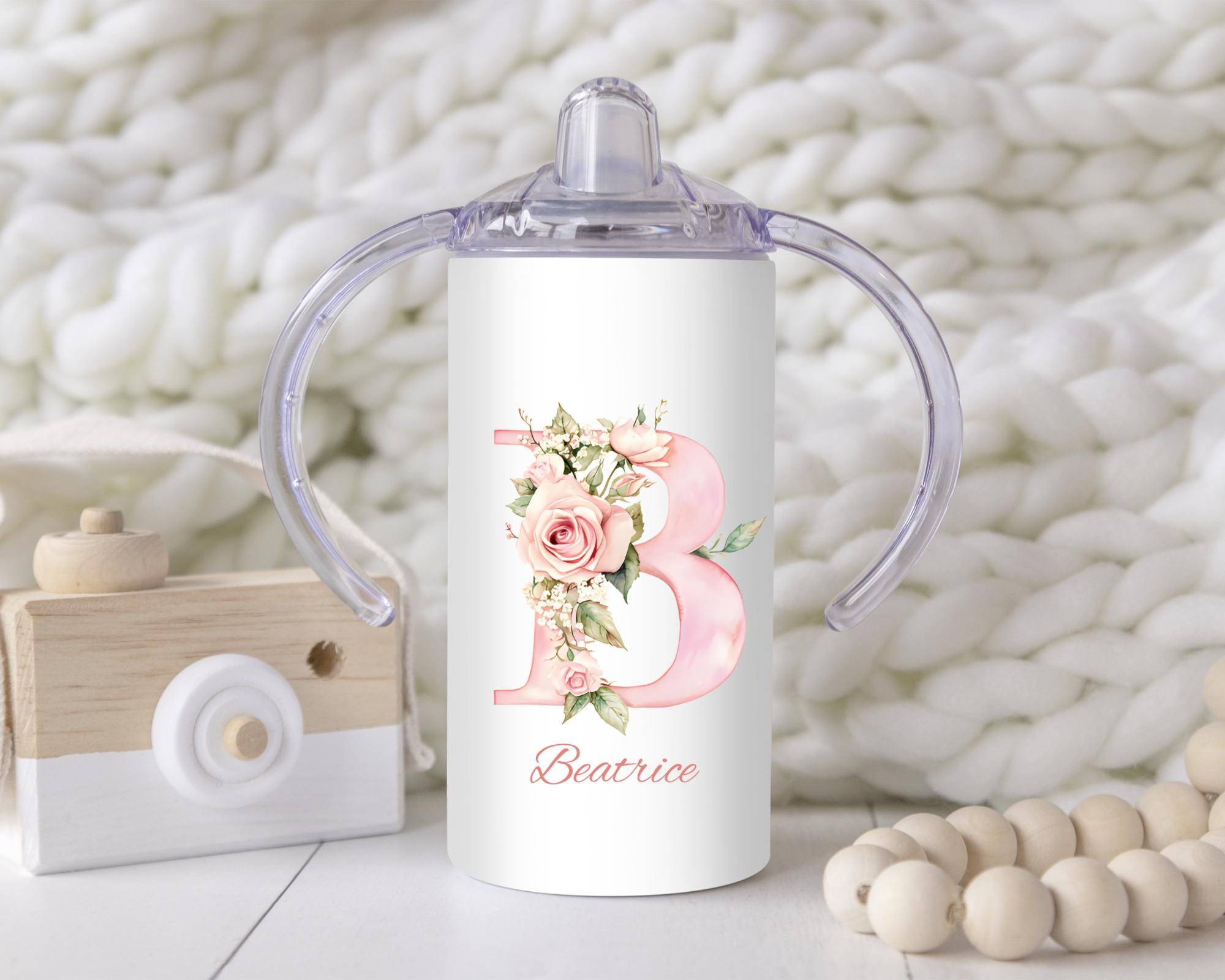 Personalized Pink Floral Alphabet Sippy Cup: 12oz Toddler Training Tumbler