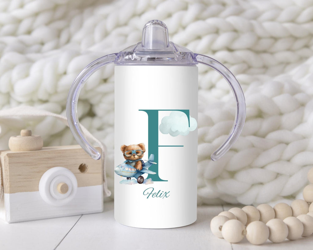 Personalized Alphabet Sippy Cup: Blue Bear Design, 12oz Toddler Training Cup