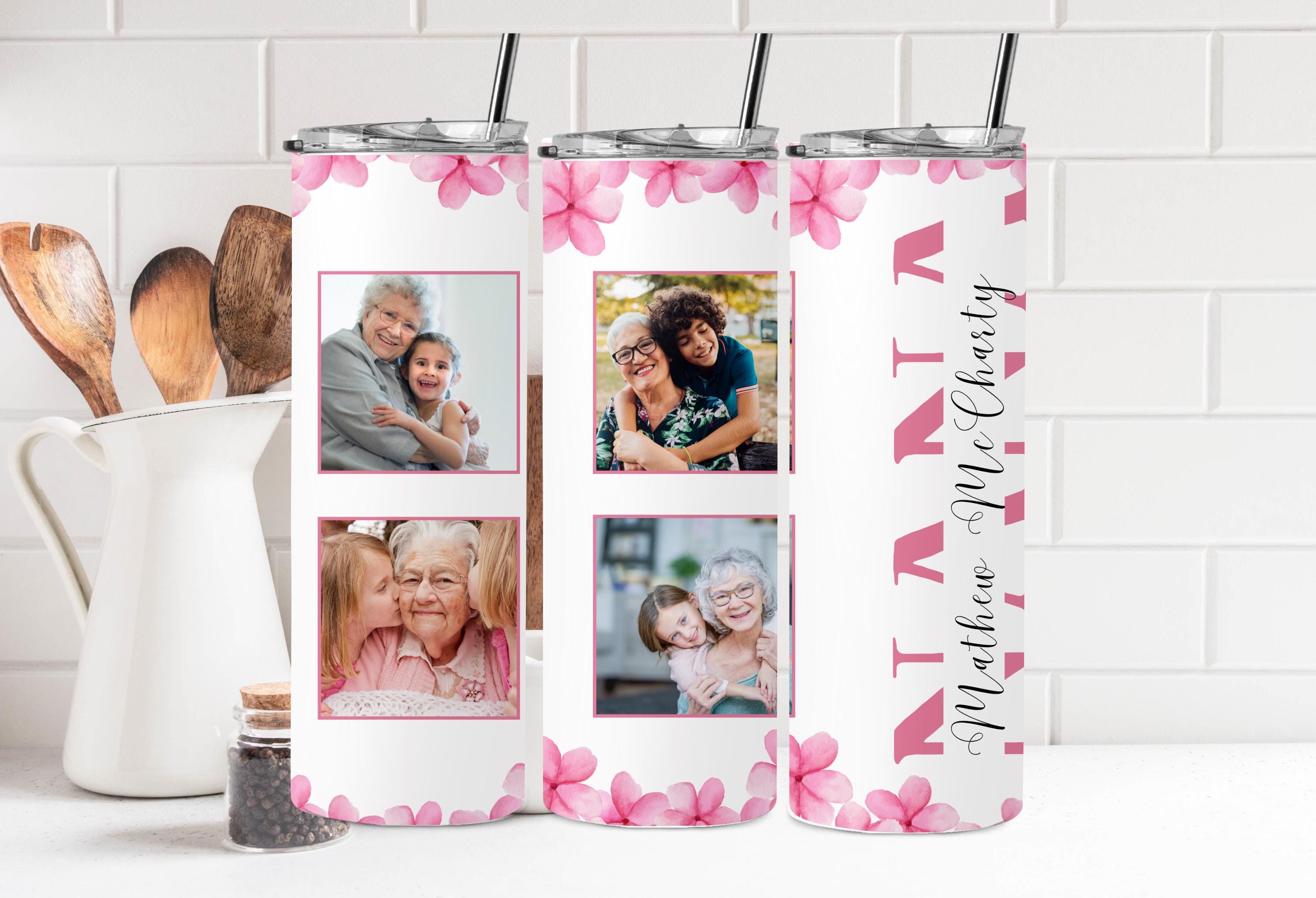 Personalized Photo Collage Tumbler: Pink Floral Grandmother Gift