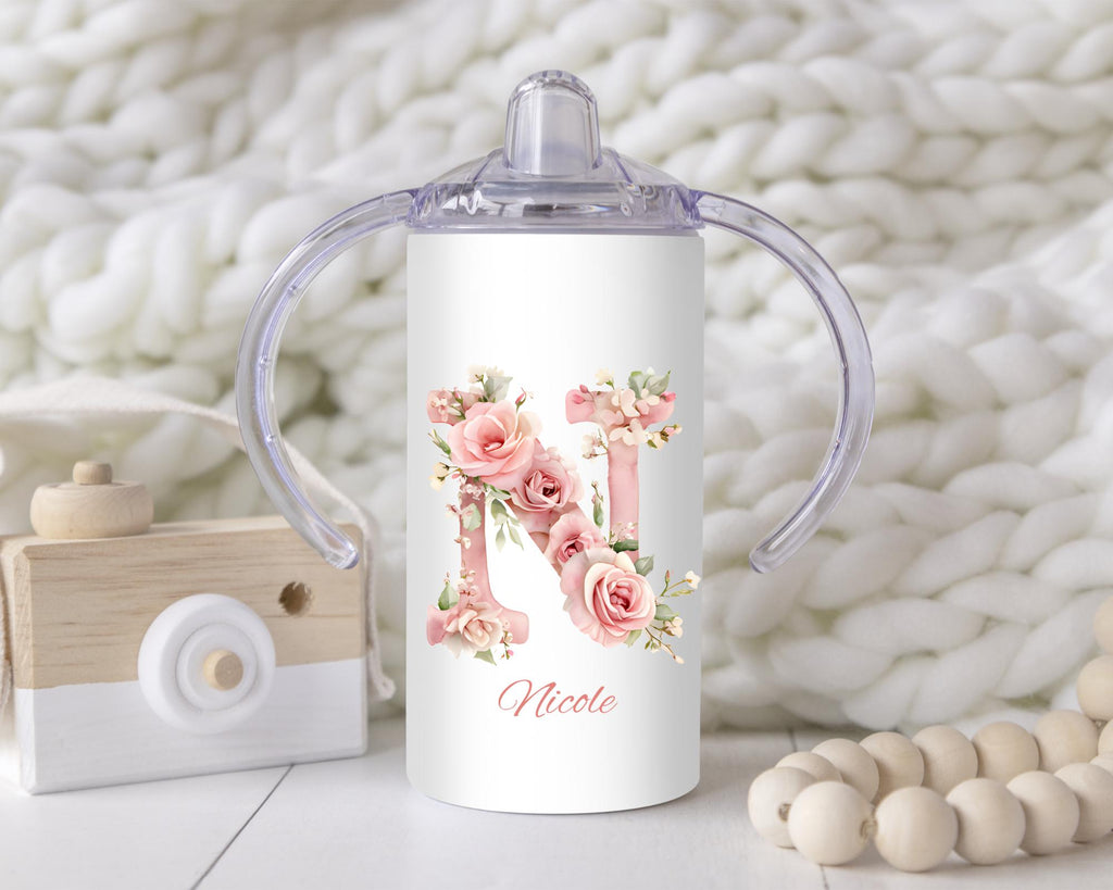 Personalized Pink Floral Alphabet Sippy Cup: 12oz Toddler Training Tumbler