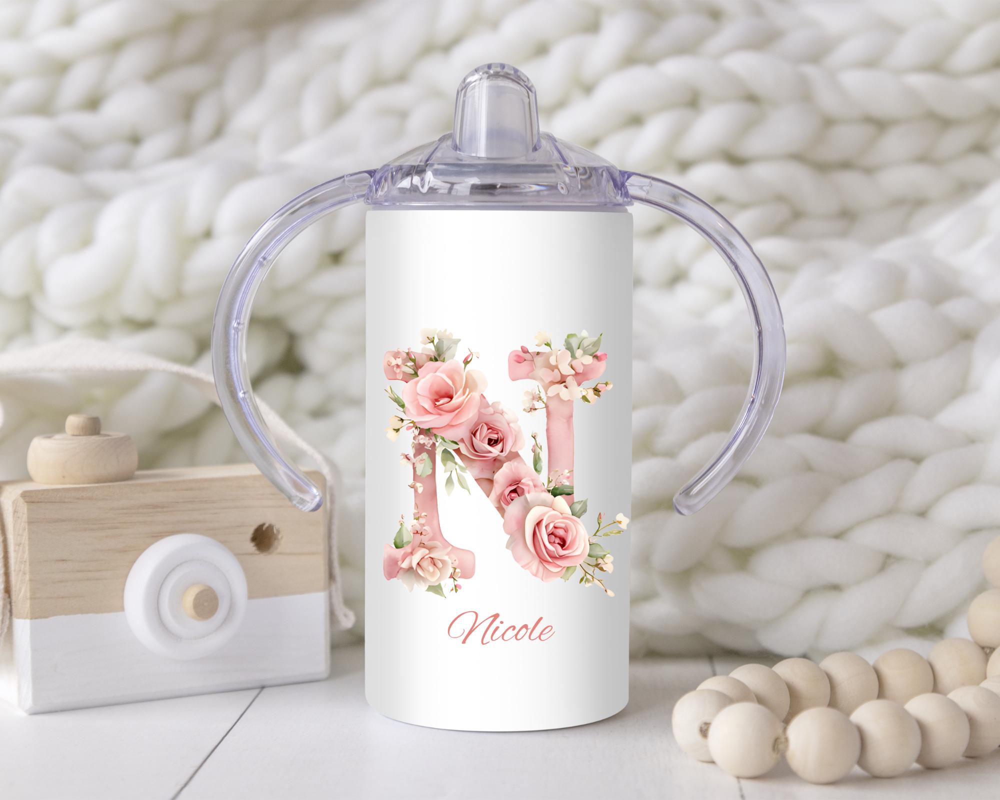 Personalized Pink Floral Alphabet Sippy Cup: 12oz Toddler Training Tumbler