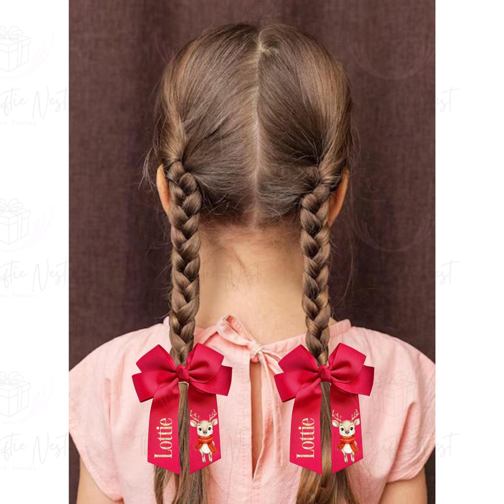 Personalised Christmas Hair Bow with Clip | Custom Holiday Bow for Girls | Festive Santa, Reindeer & Elf Design | Gift Box Filler