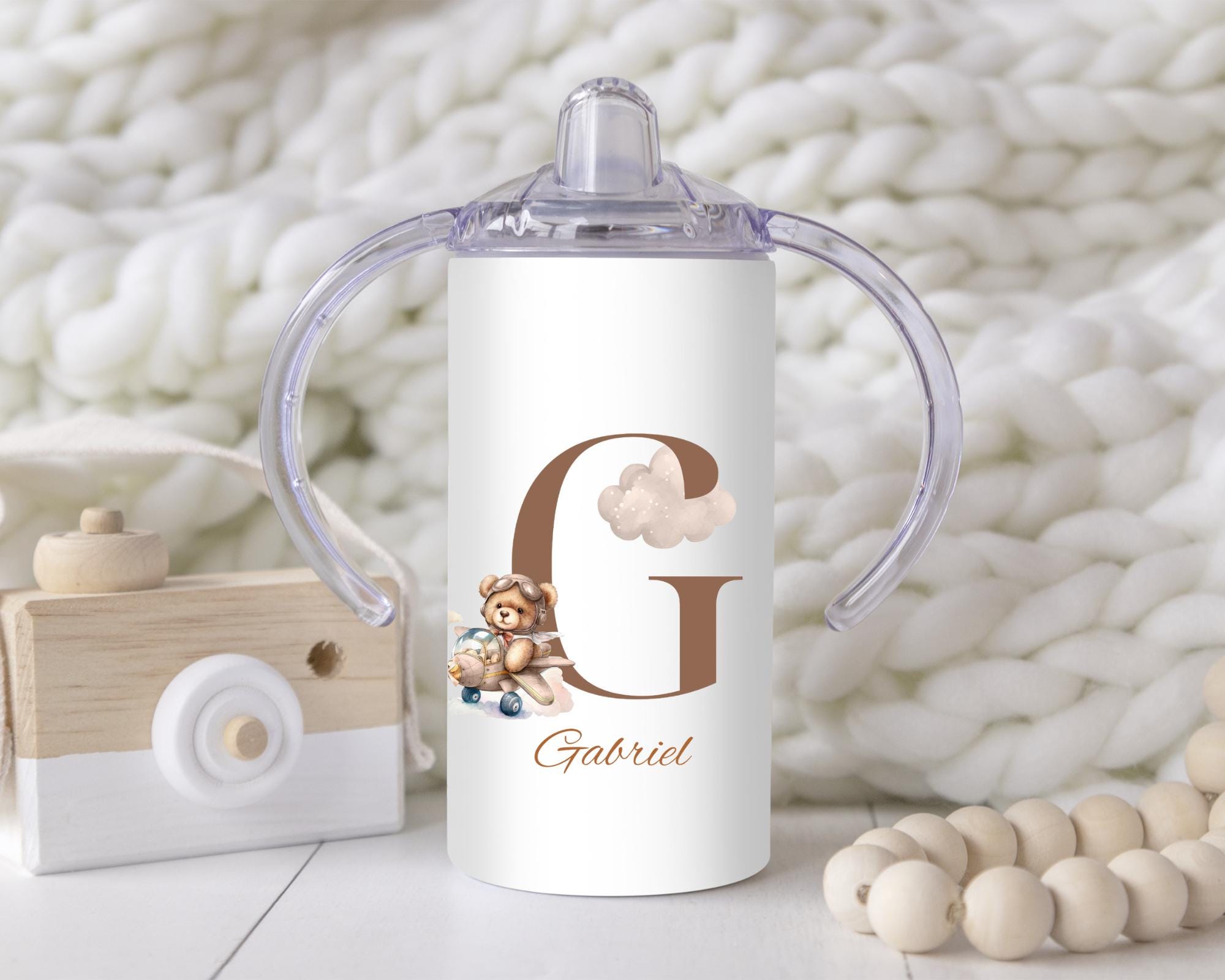 Personalized Brown Bear Sippy Cup: Alphabet Tumbler, Toddler Training Cup