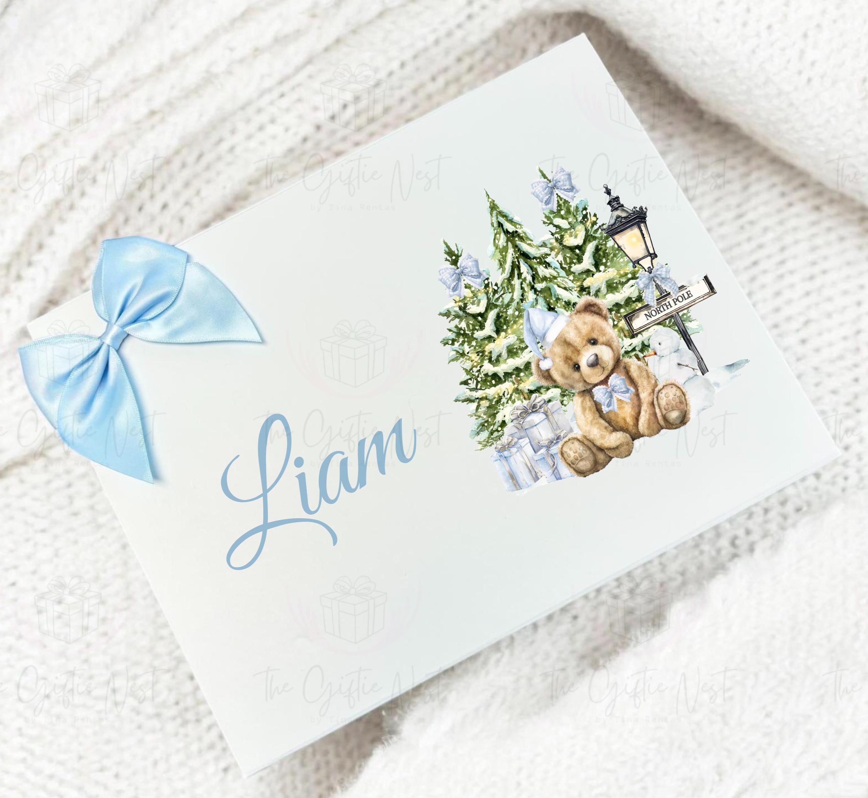 Personalised Christmas Magnetic Box – Teddy Bear Design | Christmas Eve Box for Kids | Keepsake Gift Box in Red, Pink or Blue