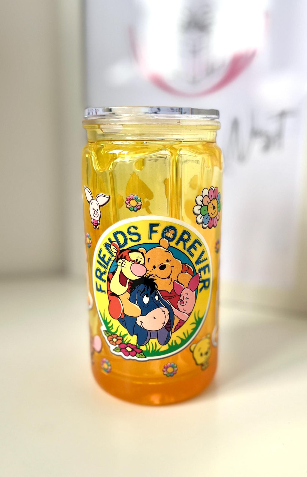 Honey Drip Effect Snow Globe Libbey Tumbler  | Friends Forever Bear-Inspired Cup | Yellow Fun Plastic Cup For Iced Drinks