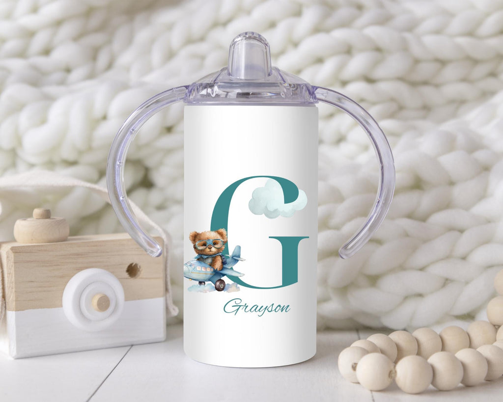 Personalized Alphabet Sippy Cup: Blue Bear Design, 12oz Toddler Training Cup