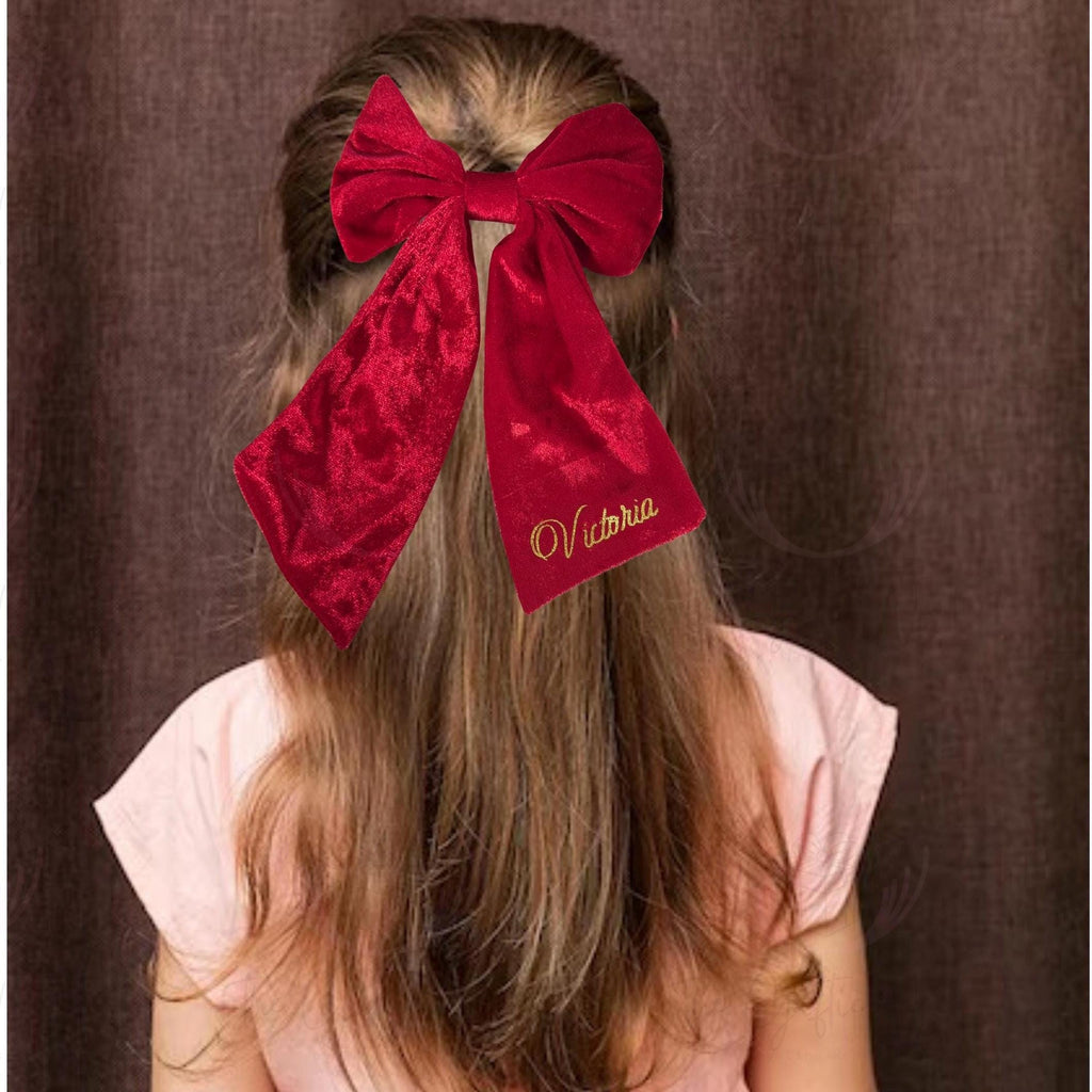 Personalized Velvet Hair Bow | Custom Name Bow for Girls | Red, Navy, Green | Gold or Silver Writing | Christmas Gift, Birthday Accessory