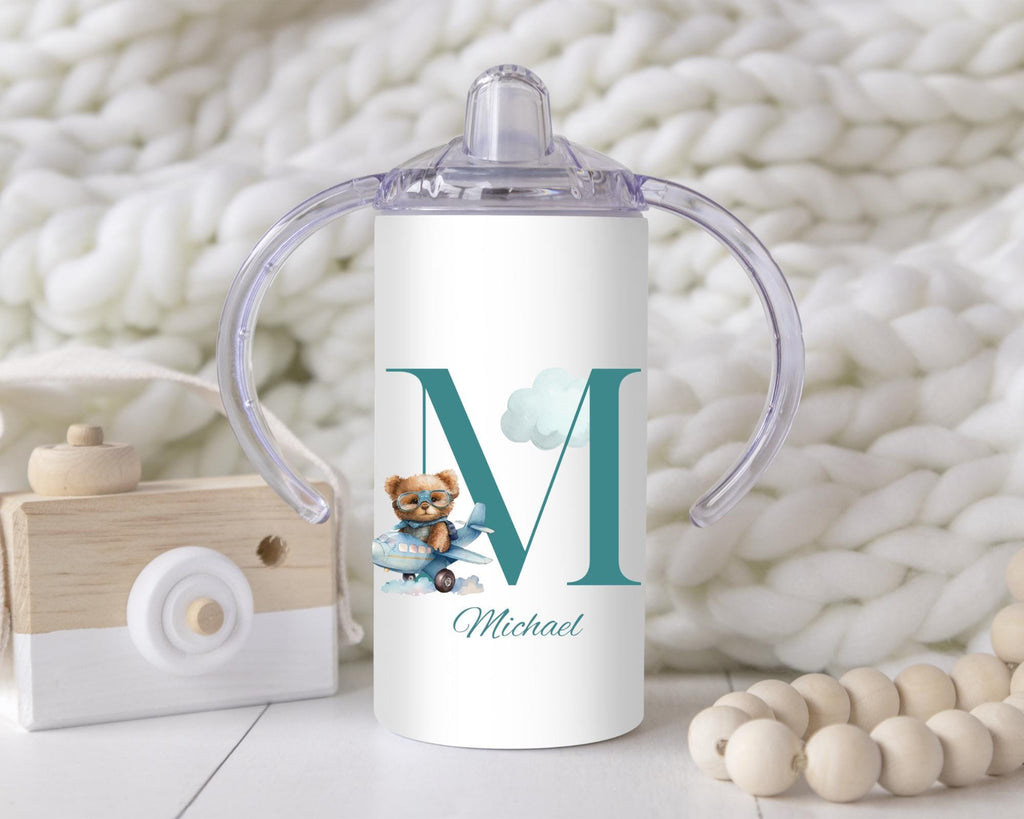 Personalized Alphabet Sippy Cup: Blue Bear Design, 12oz Toddler Training Cup