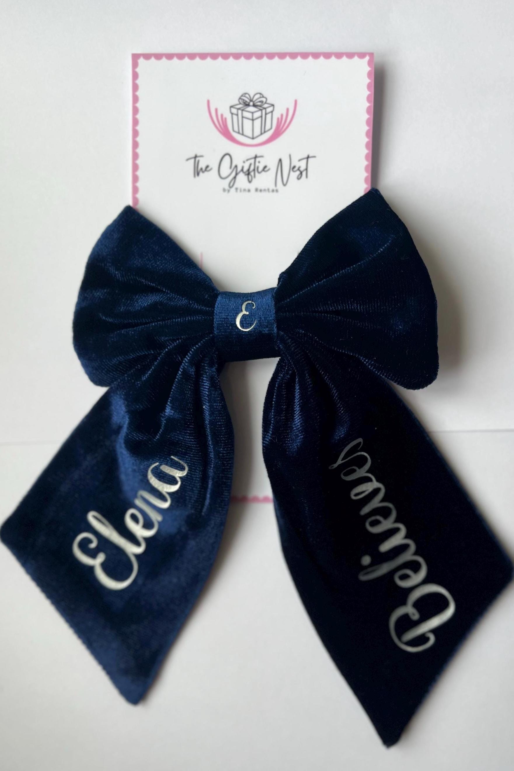 Personalized Velvet Hair Bow | Custom Name Bow for Girls | Red, Navy, Green | Gold or Silver Writing | Christmas Gift, Birthday Accessory