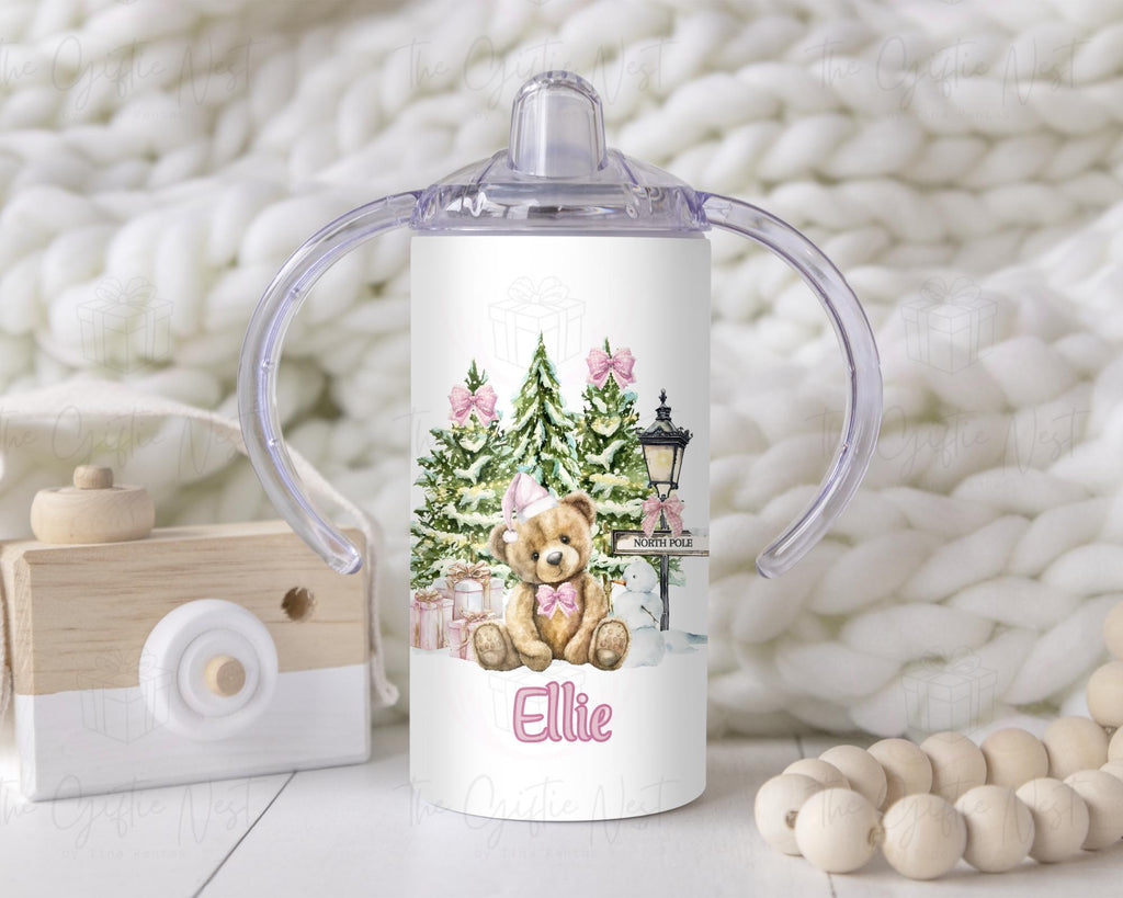Personalized Christmas Teddy Bear Sippy Cup - 12oz Pink Blue Red Or Golden Toddler Tumbler - First Christmas Custom Drinkware