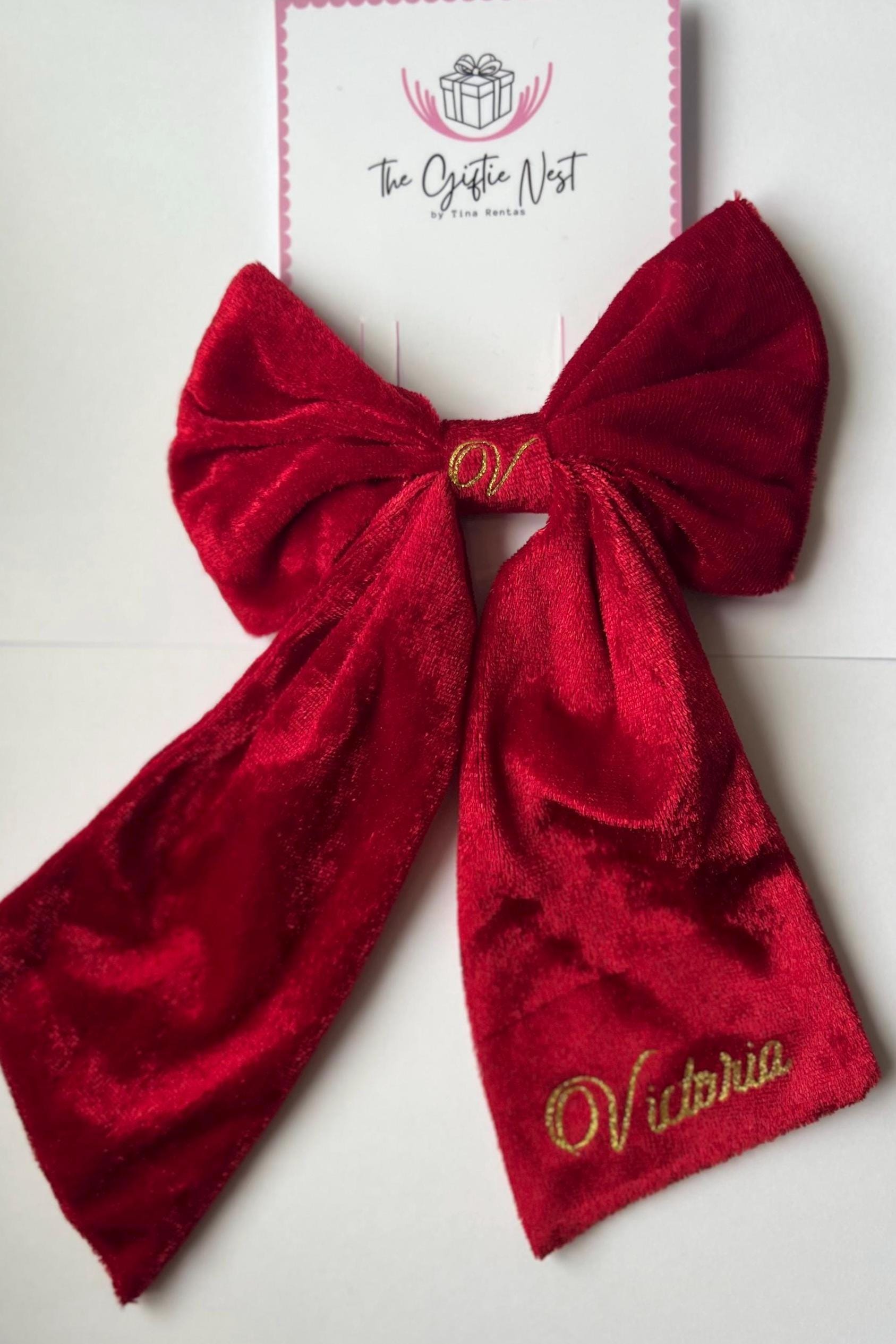Personalized Velvet Hair Bow | Custom Name Bow for Girls | Red, Navy, Green | Gold or Silver Writing | Christmas Gift, Birthday Accessory