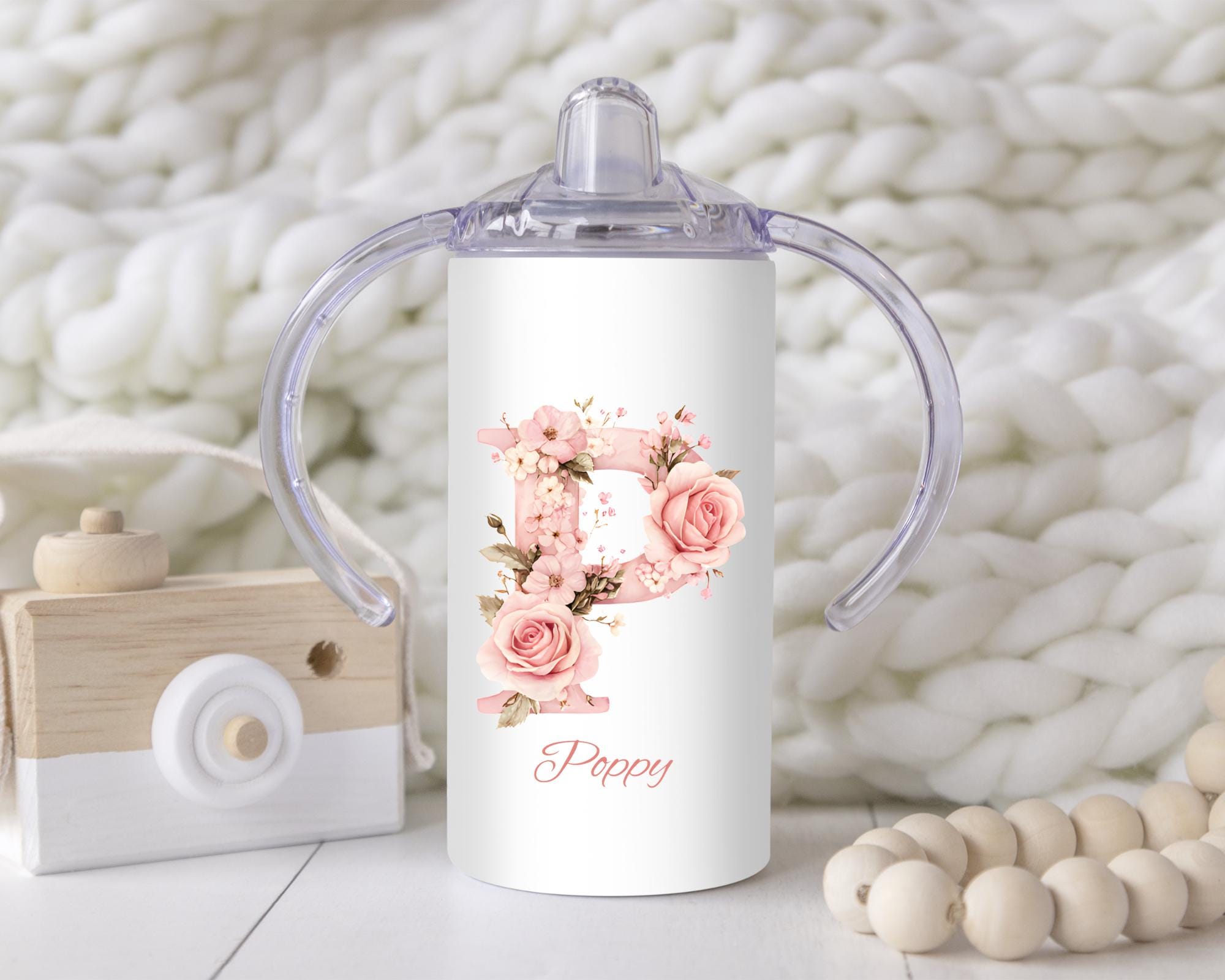 Personalized Pink Floral Alphabet Sippy Cup: 12oz Toddler Training Tumbler