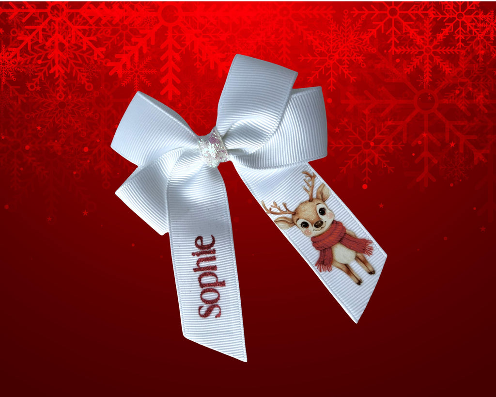 Personalised Christmas Hair Bow with Clip | Custom Holiday Bow for Girls | Festive Santa, Reindeer & Elf Design | Gift Box Filler
