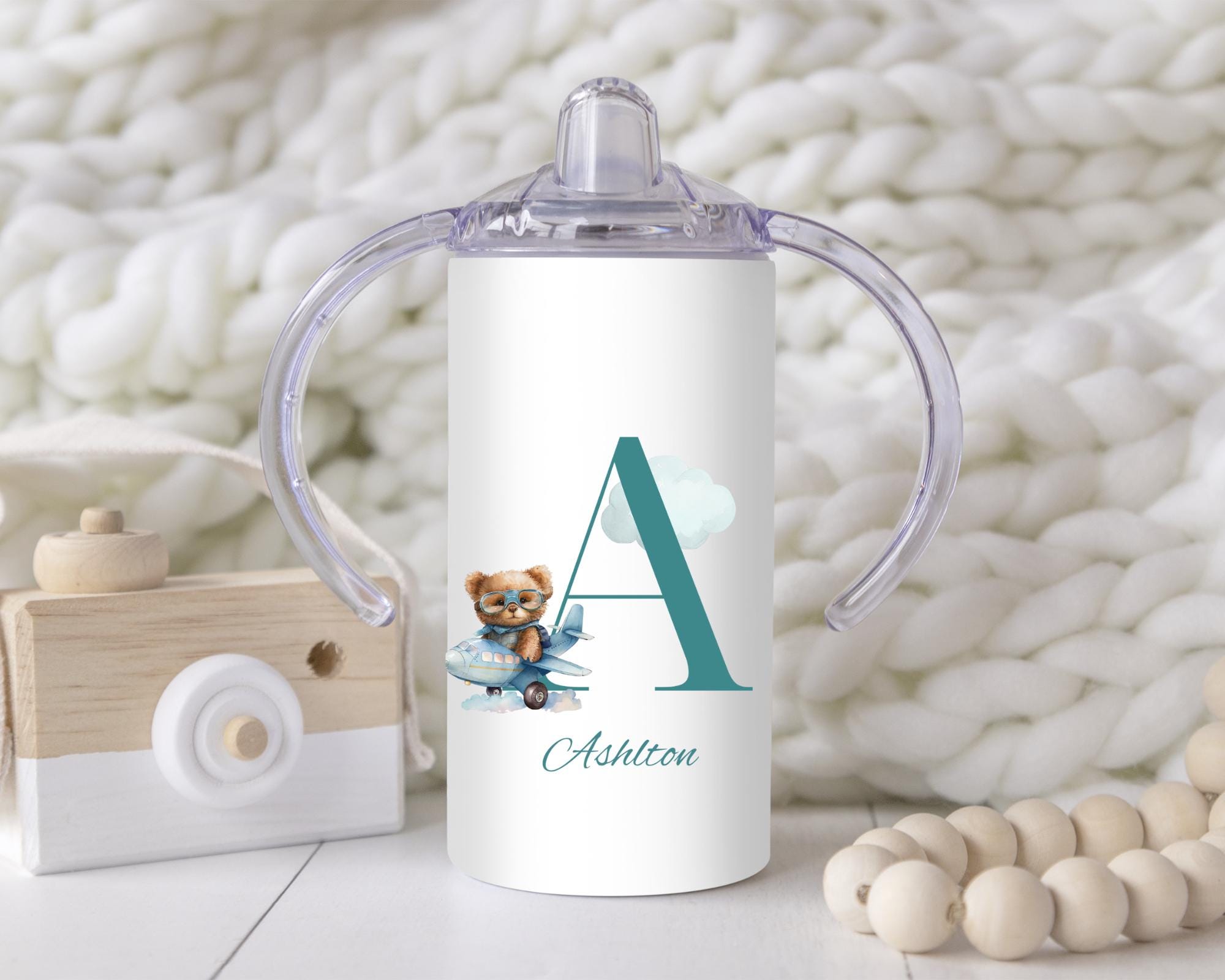 Personalized Alphabet Sippy Cup: Blue Bear Design, 12oz Toddler Training Cup
