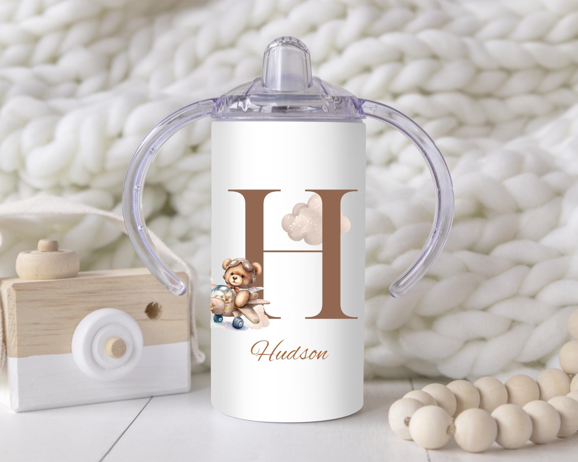 Personalized Brown Bear Sippy Cup: Alphabet Tumbler, Toddler Training Cup