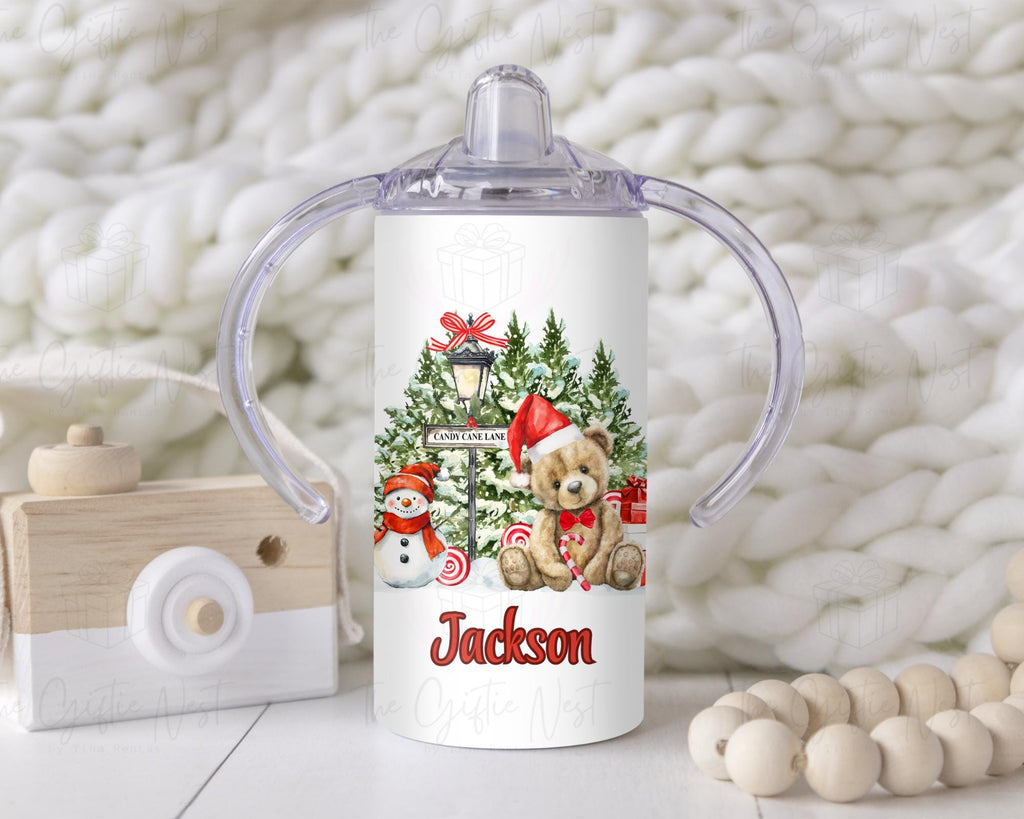 Personalized Christmas Teddy Bear Sippy Cup - 12oz Pink Blue Red Or Golden Toddler Tumbler - First Christmas Custom Drinkware