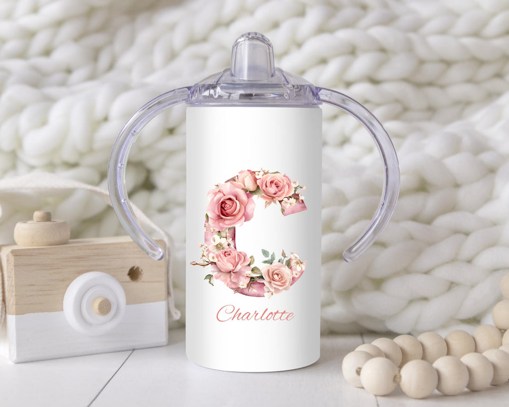 Personalized Pink Floral Alphabet Sippy Cup: 12oz Toddler Training Tumbler