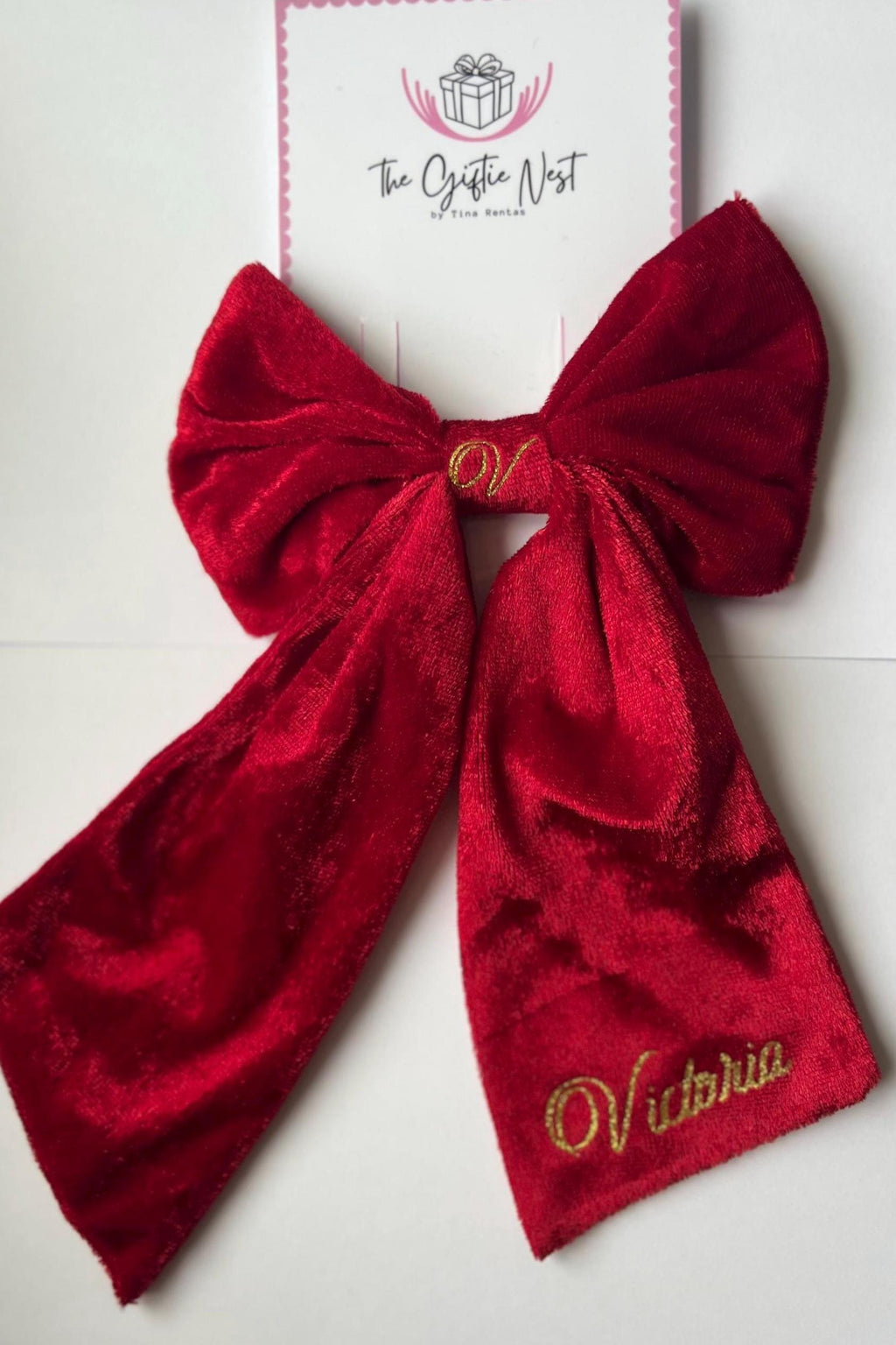 Personalized Velvet Hair Bow | Custom Name Bow for Girls | Red, Navy, Green | Gold or Silver Writing | Christmas Gift, Birthday Accessory