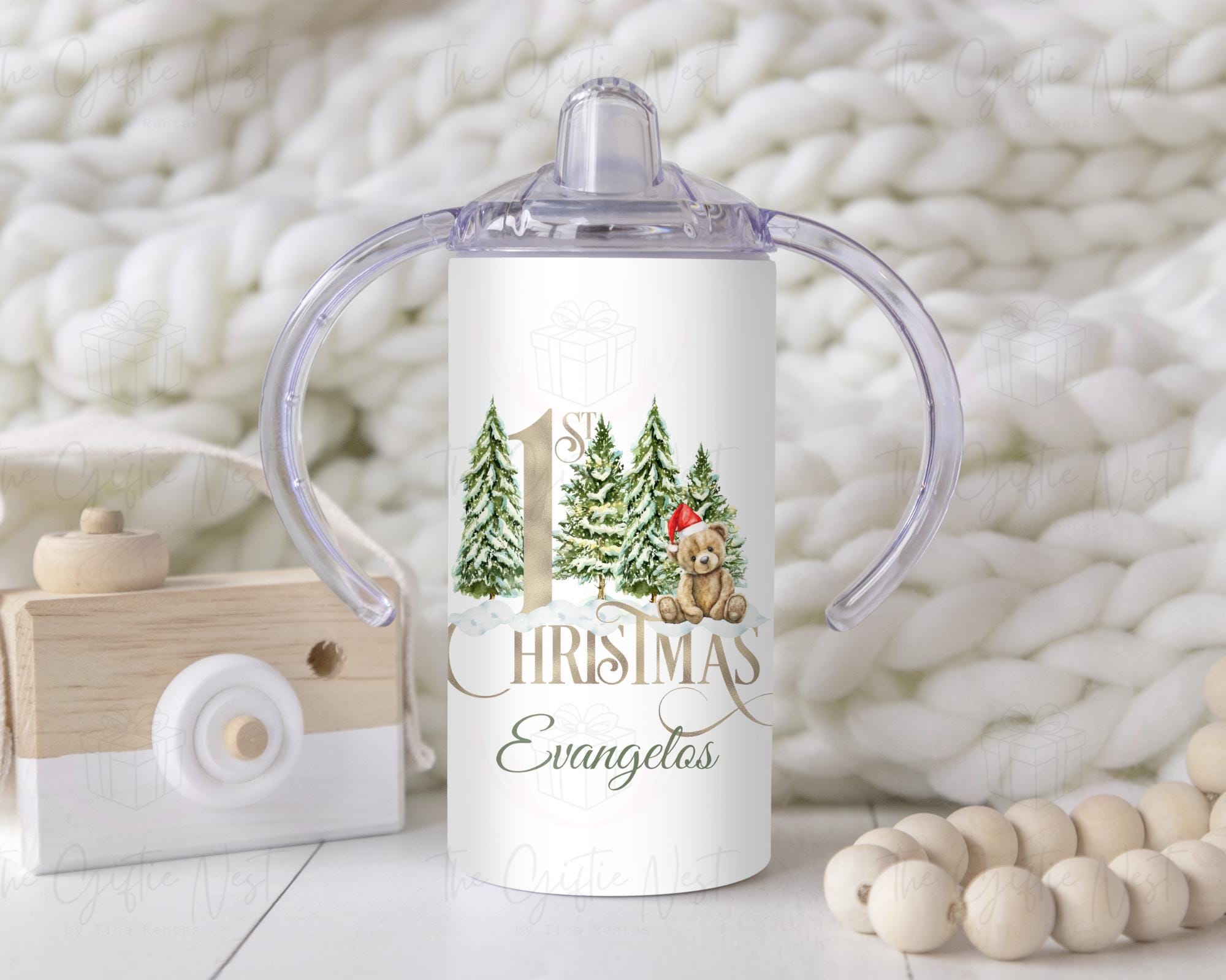 Personalized Christmas Teddy Bear Sippy Cup - 12oz Pink Blue Red Or Golden Toddler Tumbler - First Christmas Custom Drinkware