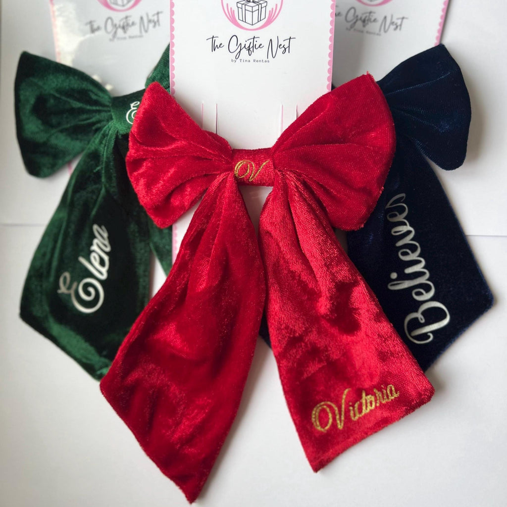 Personalized Velvet Hair Bow | Custom Name Bow for Girls | Red, Navy, Green | Gold or Silver Writing | Christmas Gift, Birthday Accessory