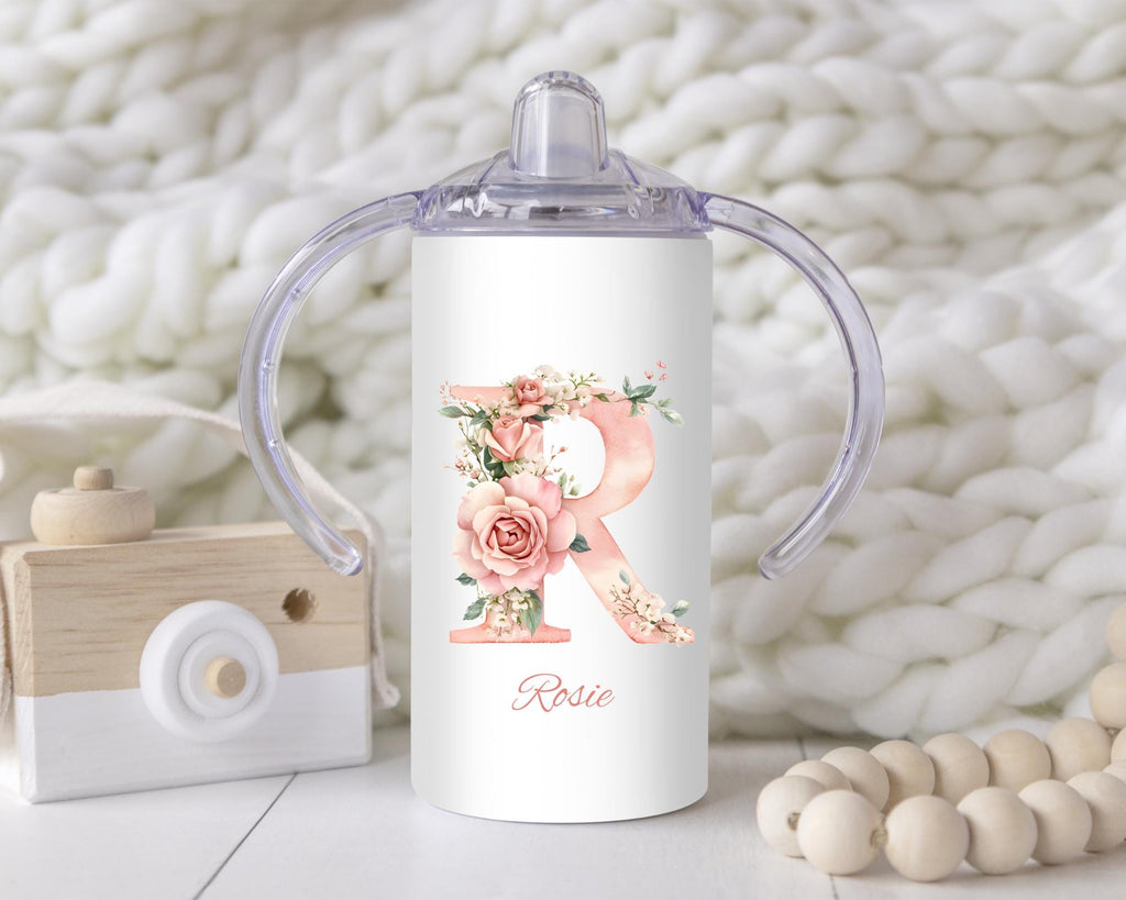 Personalized Pink Floral Alphabet Sippy Cup: 12oz Toddler Training Tumbler