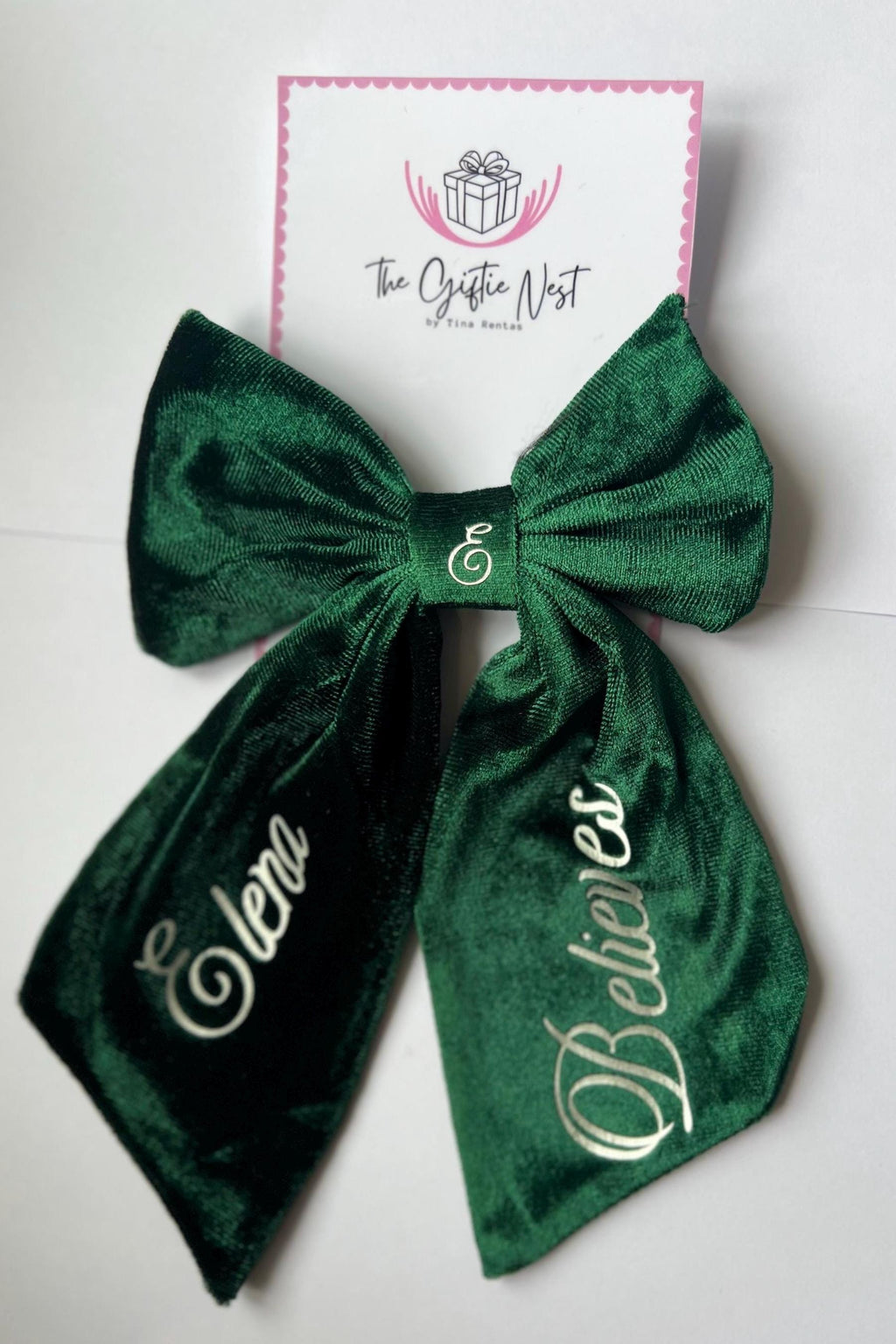 Personalized Velvet Hair Bow | Custom Name Bow for Girls | Red, Navy, Green | Gold or Silver Writing | Christmas Gift, Birthday Accessory