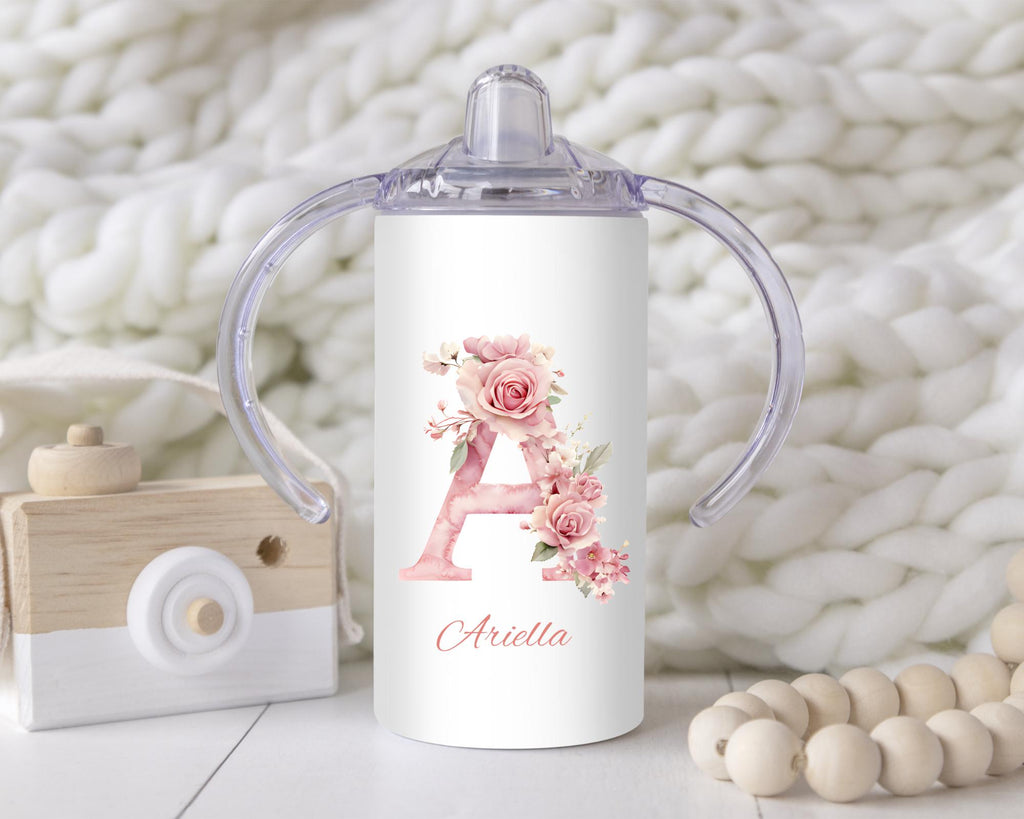 Personalized Pink Floral Alphabet Sippy Cup: 12oz Toddler Training Tumbler