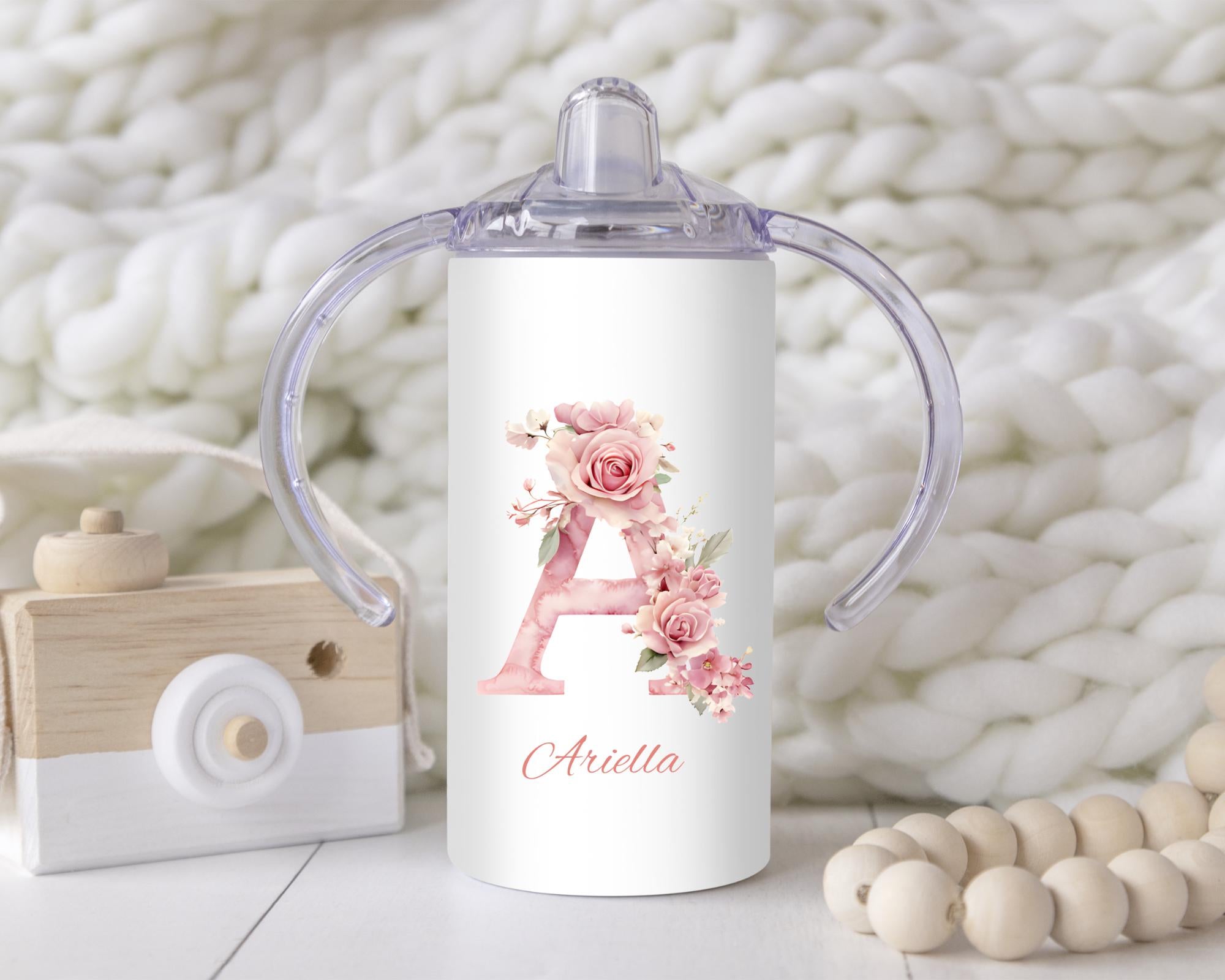 Personalized Pink Floral Alphabet Sippy Cup: 12oz Toddler Training Tumbler