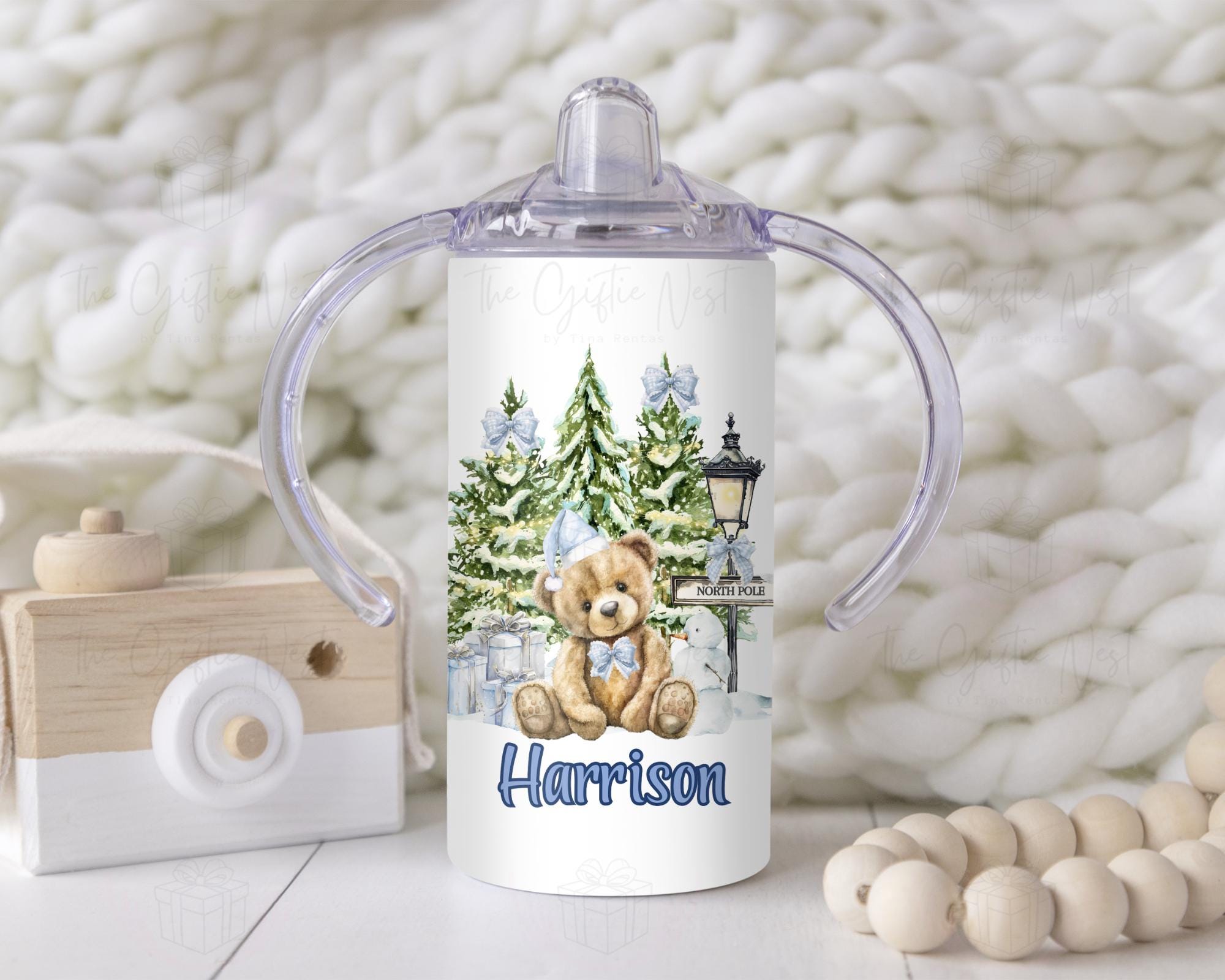 Personalized Christmas Teddy Bear Sippy Cup - 12oz Pink Blue Red Or Golden Toddler Tumbler - First Christmas Custom Drinkware